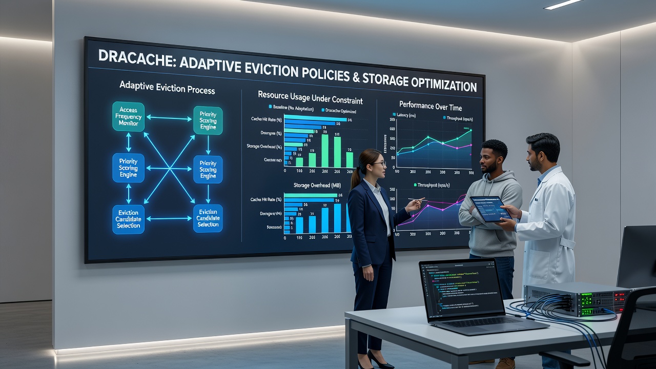 Graph comparing cache hit rates and energy consumption across static and adaptive eviction strategies on IoT hardware